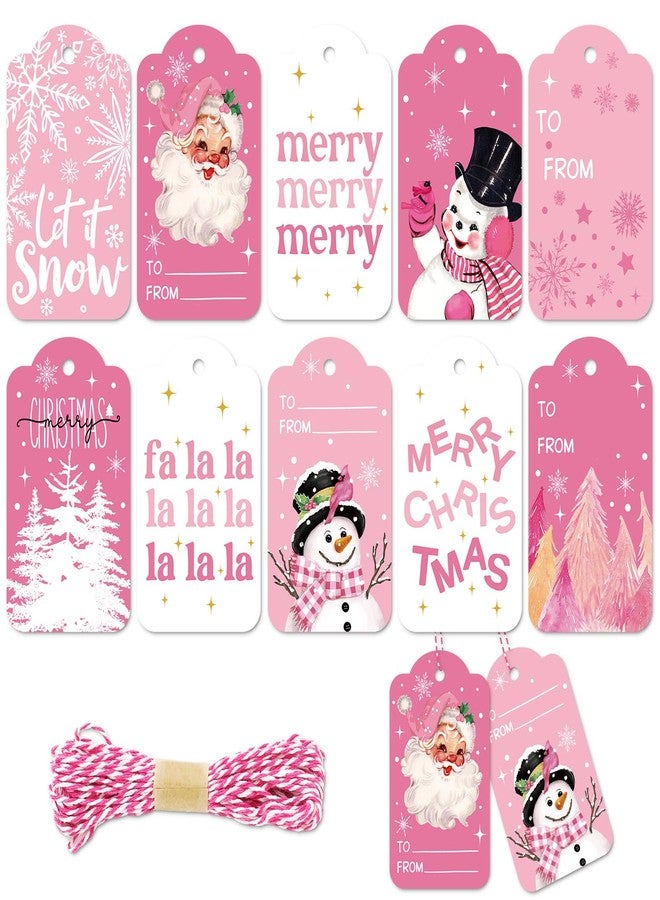 Whaline 120Pcs Christmas Paper Gift Tags Pink Santa Snowman Xmas Hanging Labels with Cotton Rope for Winter Holiday Name Present DIY Crafts, 10 Designs - Image 1